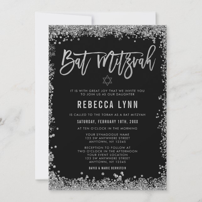 Black Silver Imitate Glitzer Bat Mitzvah Einladung (Vorderseite)