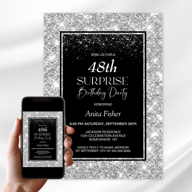 Black Silver jede Altersüberraschung Geburtstagspa Einladung (Von Creator hochgeladen)