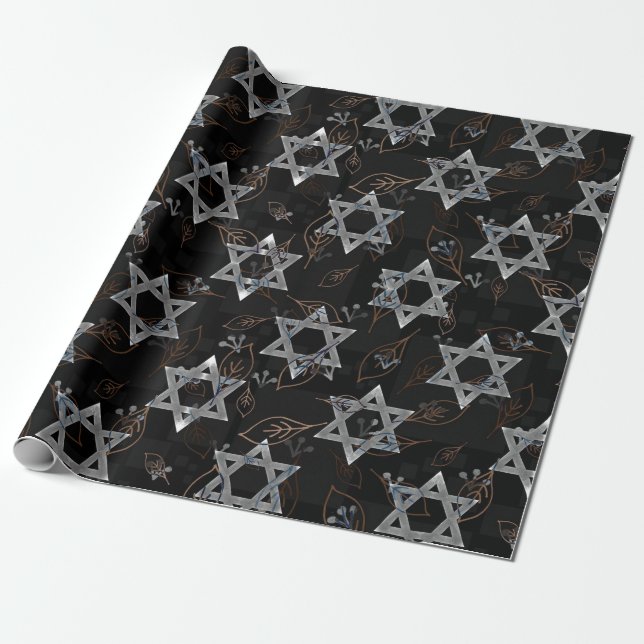 Black Silver Jewish Star Design Wrapping Paper Geschenkpapier (Ungerollt)