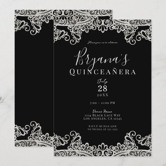 Black & Silver Lace Elegantes Quinceñera Party Einladung (Vorne/Hinten)