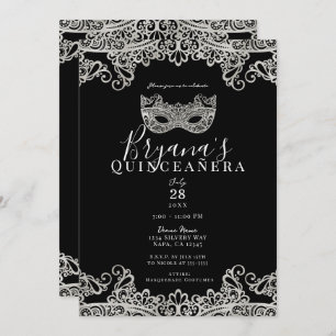 Black & Silver Lace Masquerade 15. Quinceañera Einladung