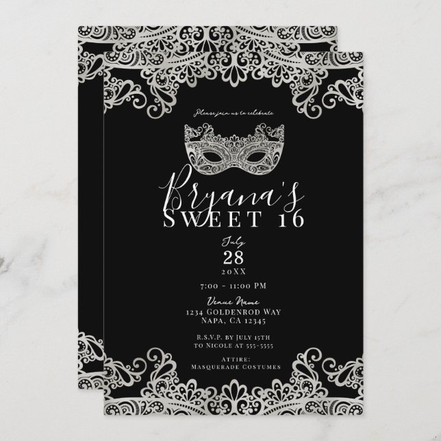 Black & Silver Lace Masquerade Sweet 16 Party Einladung (Vorne/Hinten)
