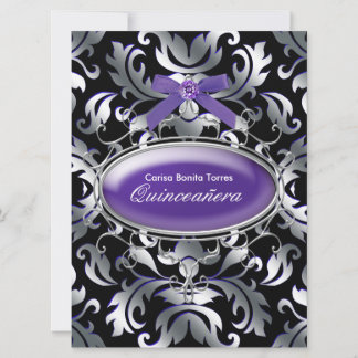 Black Silver Lila Damask Lila Quinceanera Einladung