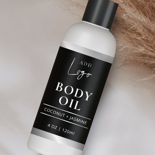 Black & Silver Logo Body Oil 4 OZ Kosmetische Flas Rechteckiger Aufkleber (Black and silver logo 4 OZ cosmetic bottle wrap around label template)