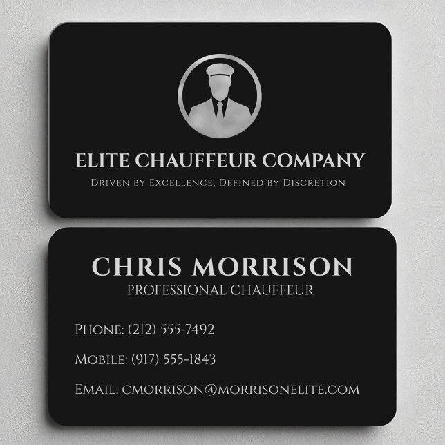 Black Silver Luxus Chauffeur Editable Logo Visitenkarte (Von Creator hochgeladen)