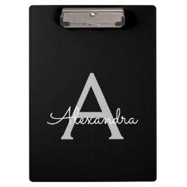 Black Silver Modern Script Girl Monogram Name Klemmbrett