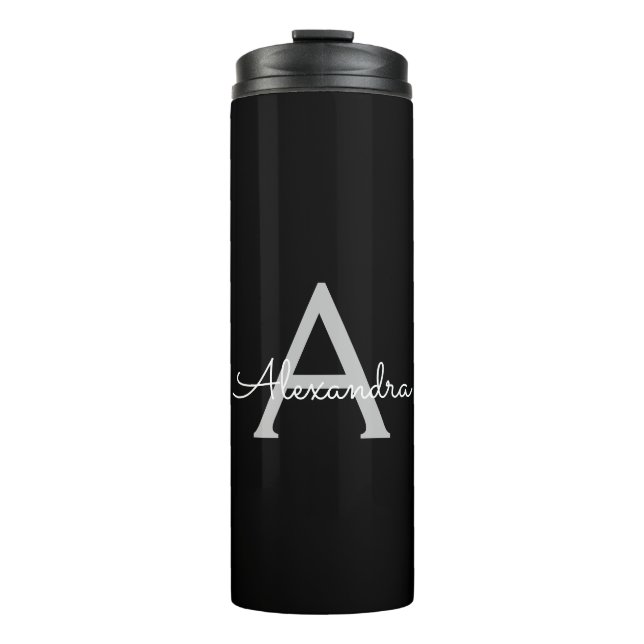 Black Silver Modern Script Girl Monogram Name Thermosbecher (Vorderseite)
