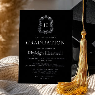 Black Silver Monogram Wappen Graduation Party Folieneinladung