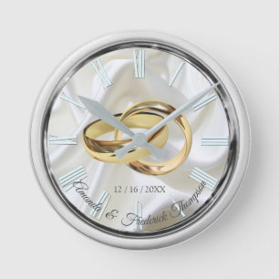 Black & Silver on Ivory Silk Wedding Gift Clock Runde Wanduhr