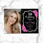 Black Silver Pink Foto 50. Geburtstag Einladung<br><div class="desc">Elegante Blumenladen zum 50. Geburtstag mit Ihrem Foto. Glam schwarz rosa Design mit Imitaten Glitzer Silber. Enthält rosa Rosen,  Skript-Schriftart und Konfetti. Ideal für ein stilvolles Party für Erwachsene. Personalisieren Sie Ihre persönlichen Daten. Kann für jedes Alter angepasst werden! Gedruckte Zazzle Einladungen oder Sofortdownload digitalen druckbaren Vorlage.</div>