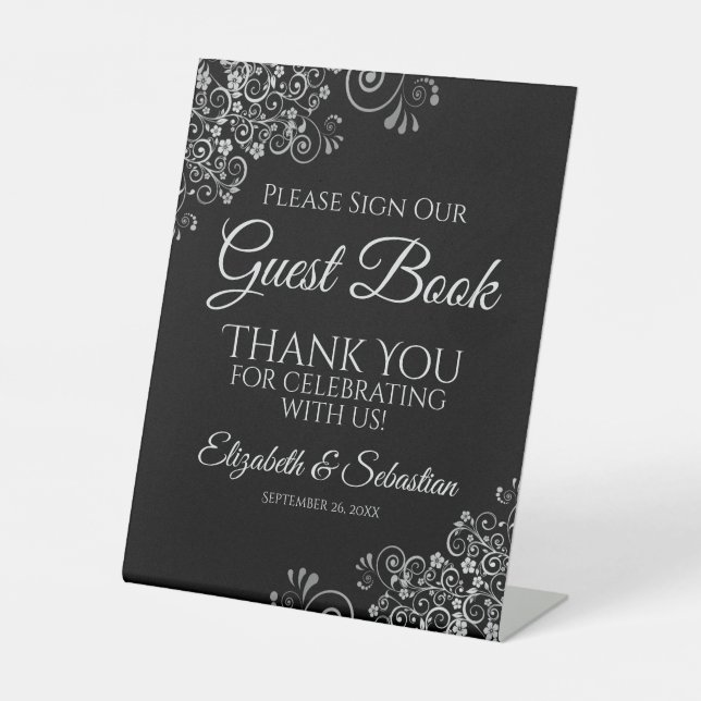 Black & Silver Please Sign our Guest Book Sign Sockelschild (Vorderseite)