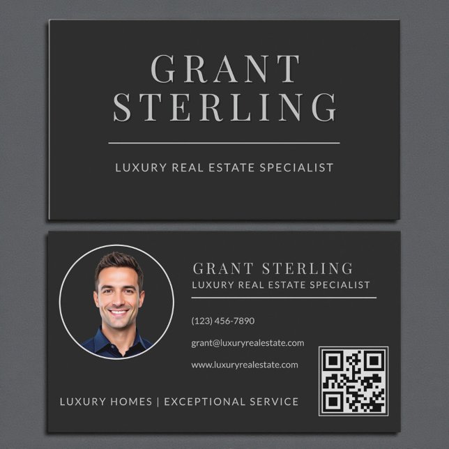 Black Silver Real Estate Agent QR Code Visitenkarte (Von Creator hochgeladen)