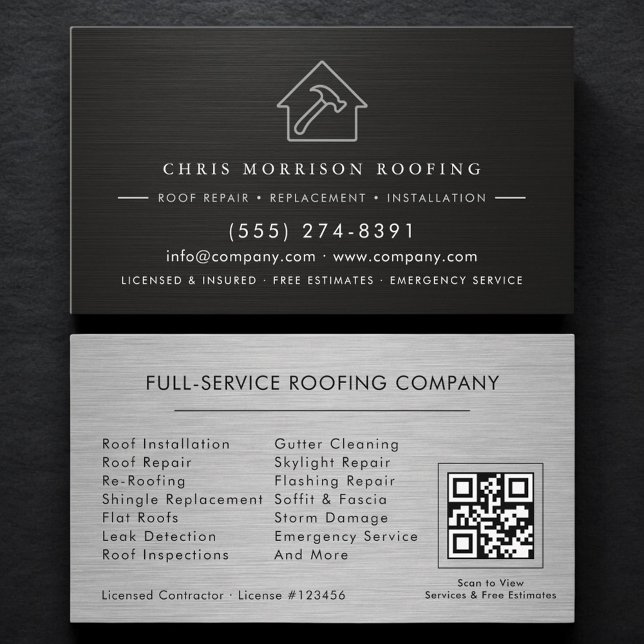 Black Silver Roofing Roofer Contractor QR Code Visitenkarte (Von Creator hochgeladen)
