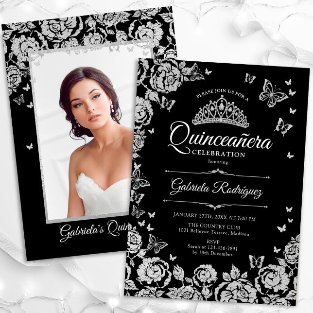 Black Silver Rose Schmetterlinge Quinceanera Foto Einladung (Von Creator hochgeladen)