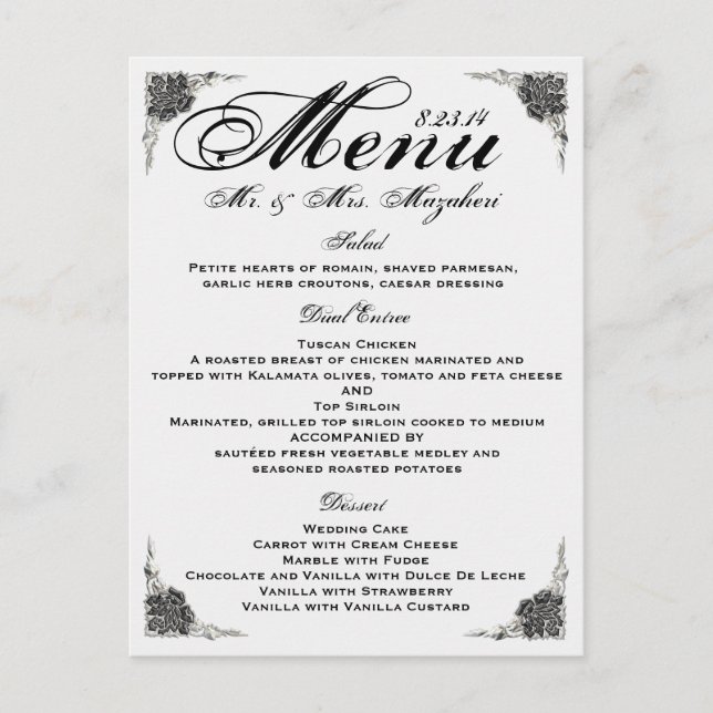 Black Silver Rose Wedding Dinner Menu Vielen Dank Postkarte (Vorderseite)