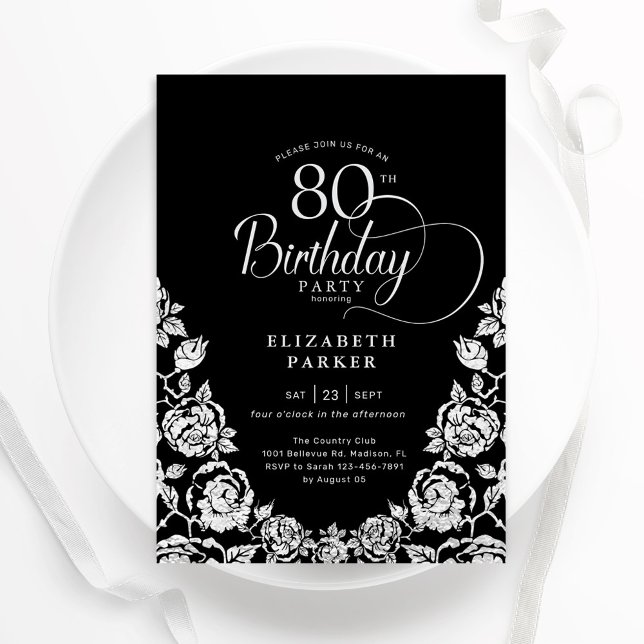 Black Silver Rose zum 80. Geburtstag Einladung (Von Creator hochgeladen)