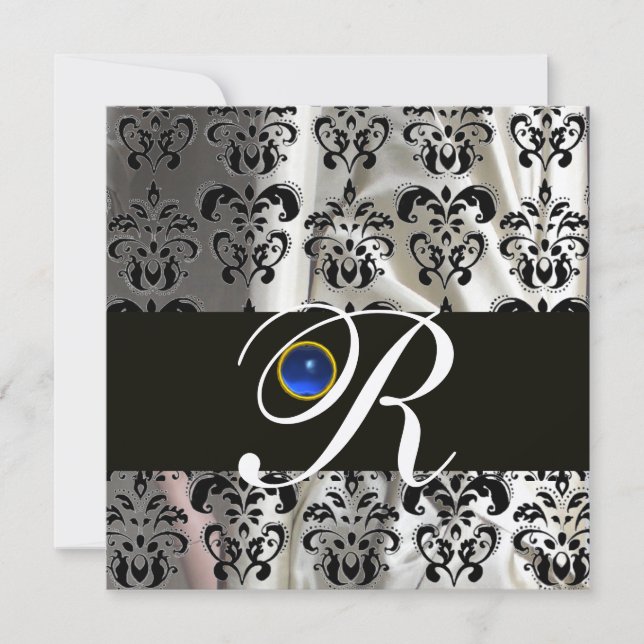 BLACK SILVER SILK DAMASK MONOGRAM BLUE SAPPHIRE EINLADUNG (Vorderseite)