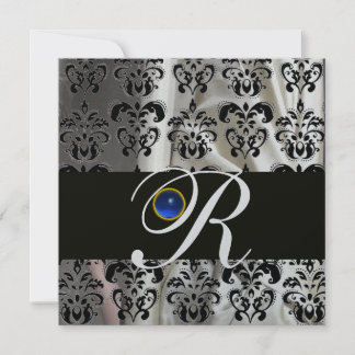 BLACK SILVER SILK DAMASK MONOGRAM BLUE SAPPHIRE EINLADUNG