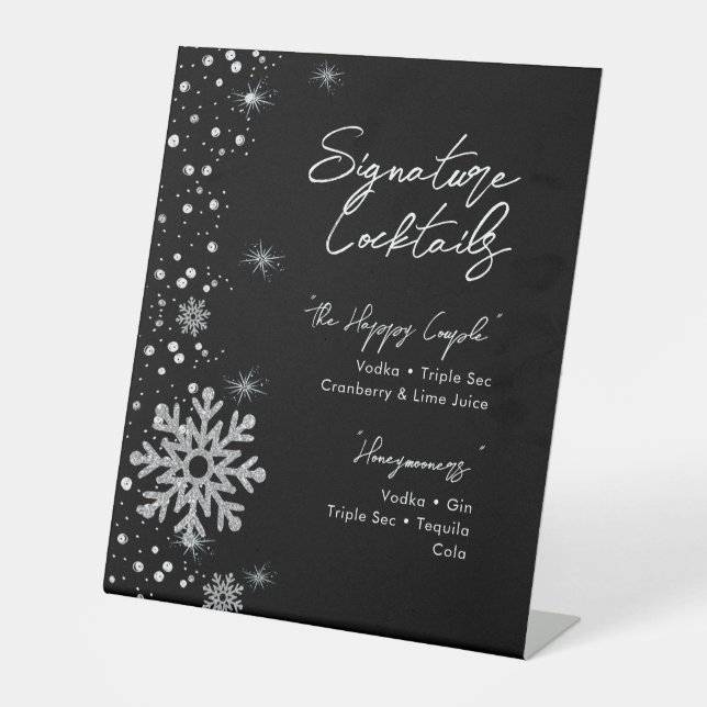 Black Silver Snowflakes Signature Cocktail Menu Sockelschild (Vorderseite)