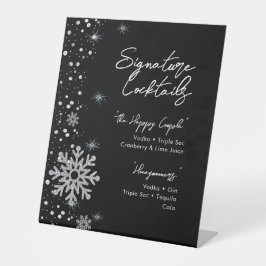 Black Silver Snowflakes Signature Cocktailmenü Sockelschild