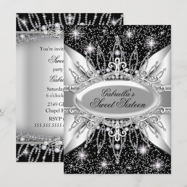 Black & Silver Sparkle Diamond Sweet 16 Einladung (Vorne/Hinten)