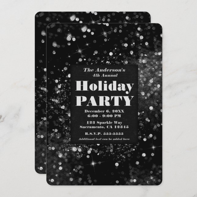 Black & Silver Sparkling Lights Glam Holiday Party Einladung (Vorne/Hinten)