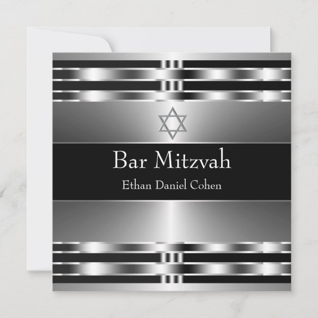 Black Silver Star von David Bar Mitzvah Einladung (Vorderseite)