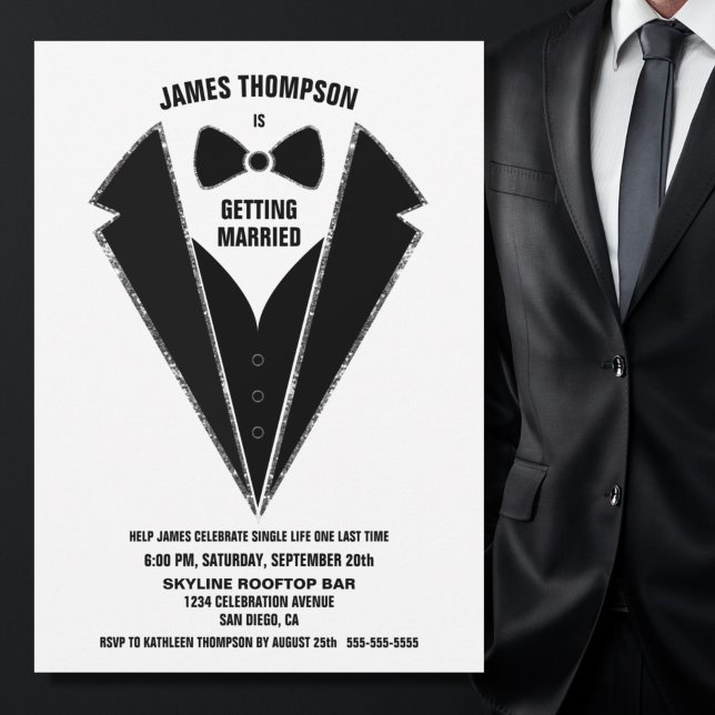 Black Silver Tuxedo Bachelor Party Einladung (Von Creator hochgeladen)