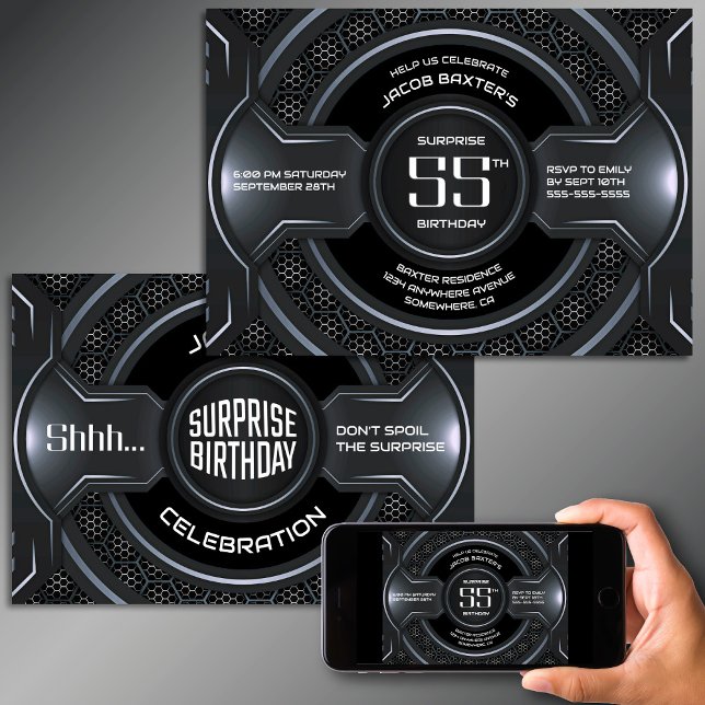 Black Silver Überraschung 55. Geburtstagsparty Einladung (Von Creator hochgeladen)
