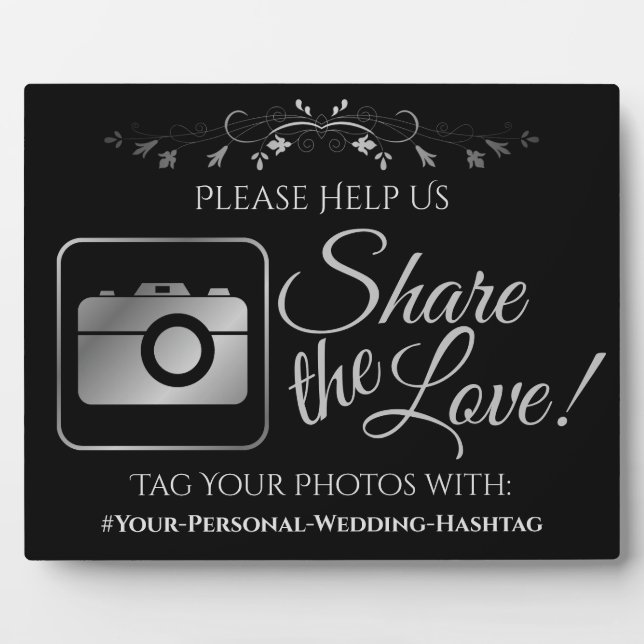 Black & Silver Wedding Foto Hashtag Sign Fotoplatte (Vorderseite)