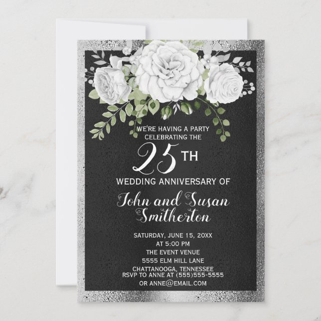 Black Silver White Floral 25. Hochzeitstag Einladung (Vorderseite)