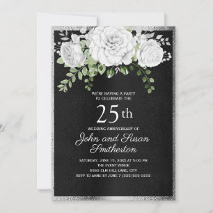 Black Silver White Floral 25. Hochzeitstag Einladung