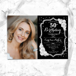 Black Silver White Foto 50. Geburtstag Einladung<br><div class="desc">Eleganter 50. Geburtstag mit Ihrem Foto. Glam Schwarz-weißes Design mit Imitaten Glitzer Silber. Enthält weiße Rosen,  Skript-Schriftart und Konfetti. Ideal für ein stilvolles Party für Erwachsene. Personalisieren Sie Ihre persönlichen Daten. Kann für jedes Alter angepasst werden! Gedruckte Zazzle Einladungen oder Sofortdownload digitalen druckbaren Vorlage.</div>