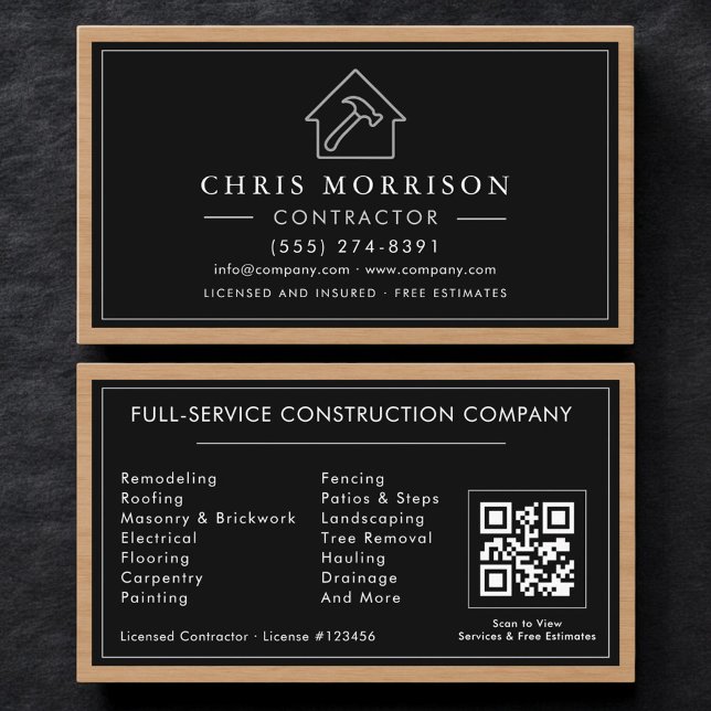 Black Silver Wood Construction Contractor QR Code Visitenkarte (Von Creator hochgeladen)