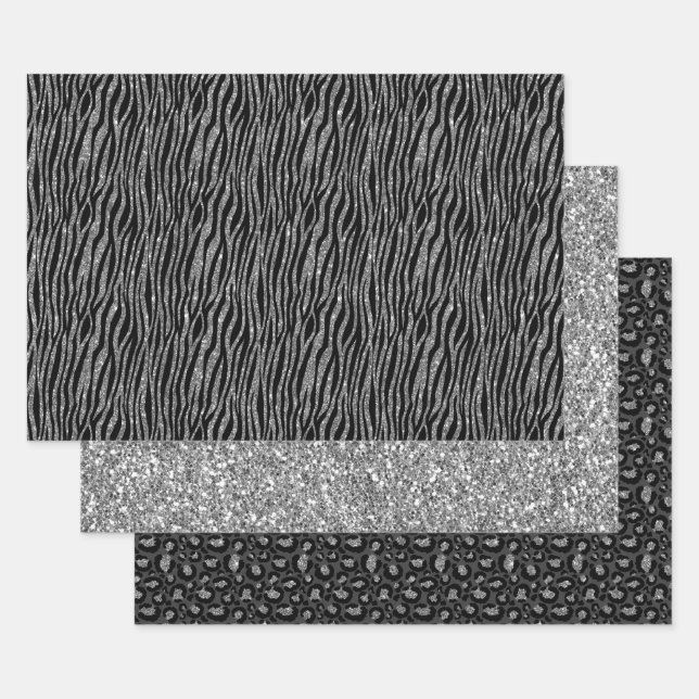 Black Silver Zebra Animal Print Glitzer Geschenkpapier Set (Set)