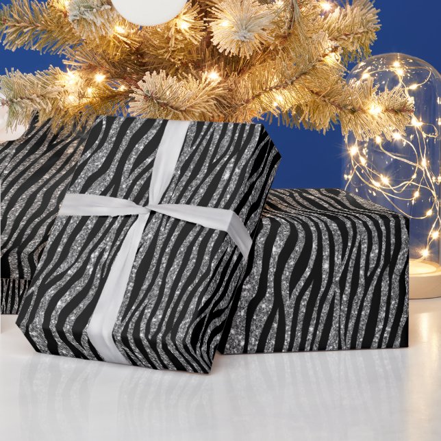 Black Silver Zebra Print Glitzer    Geschenkpapier (Feiertage)