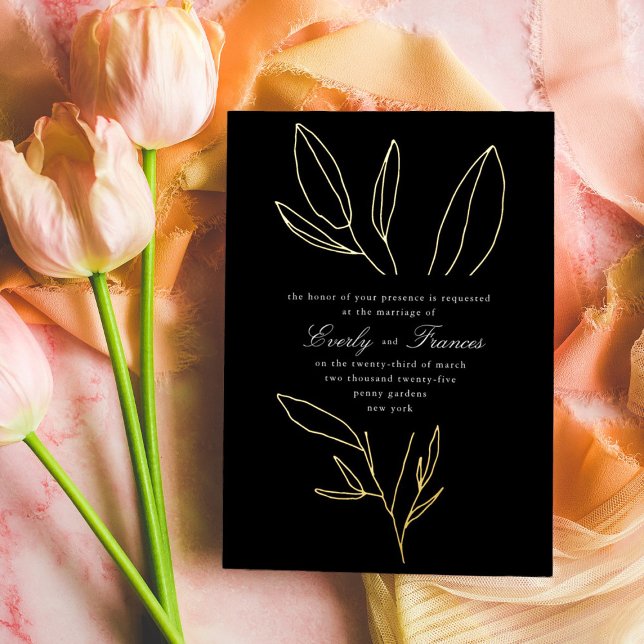 Black Simple Botanical Stem Wedding Gold Folieneinladung (Von Creator hochgeladen)