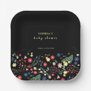 Black Simple Elegante Wildblume Baby Shower Pappteller
