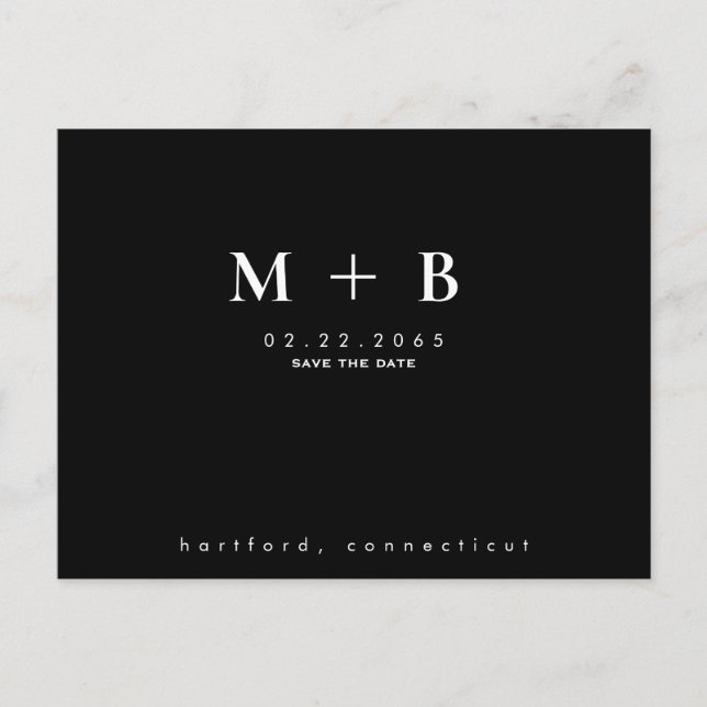 Black Simple Initials Wedding QR Save the Date Postkarte (Vorderseite)