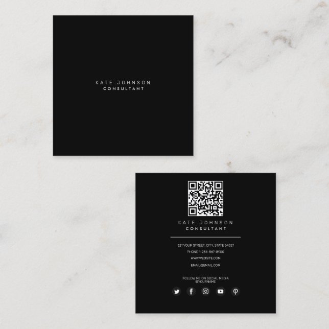 Black Simple Minimalistisch Consultant QR Code Quadratische Visitenkarte (Vorne/Hinten)