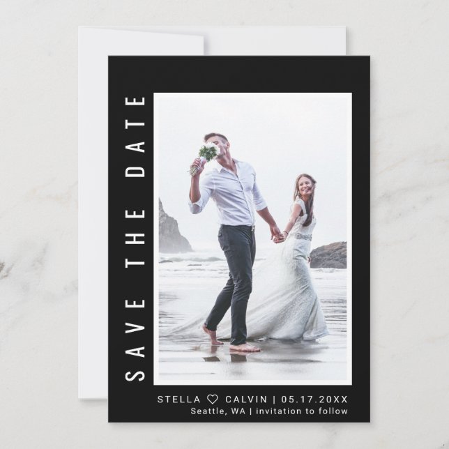 Black Simple & Modern Foto Wedding Save The Date (Vorderseite)