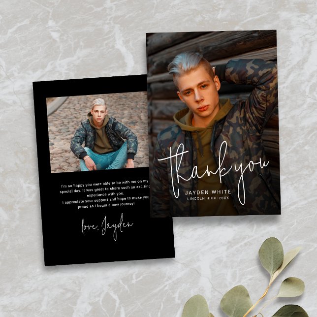 Black Simple Modern Script 2 Foto Abschluss Dankeskarte (Black Simple Modern Script 2 Photo Graduation Thank You Card)