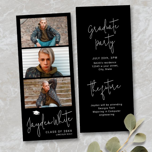 Black Simple Modern Script 3 Foto Abschluss Einladung (Black Simple Modern Script 3 Photo Graduation Invitation)