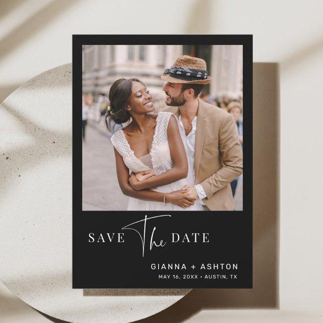 Black Simple Modern Script Wedding Foto Save The Date (Von Creator hochgeladen)