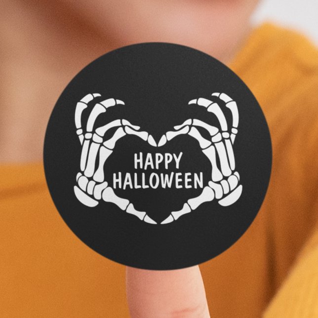 Black Skeleton Heart Hands Happy Halloween Runder Aufkleber (Black Skeleton Heart Hands Happy Halloween Classic Round Sticker
)