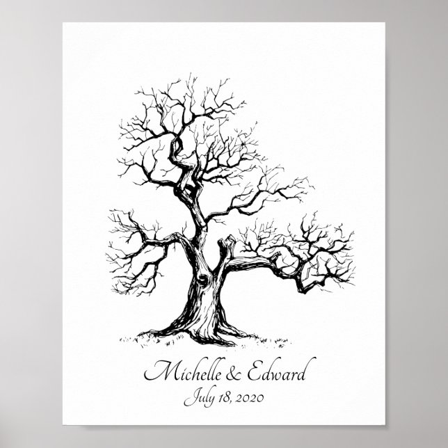 Black Sketched Fingerprint Tree Guestbook Poster (Vorne)