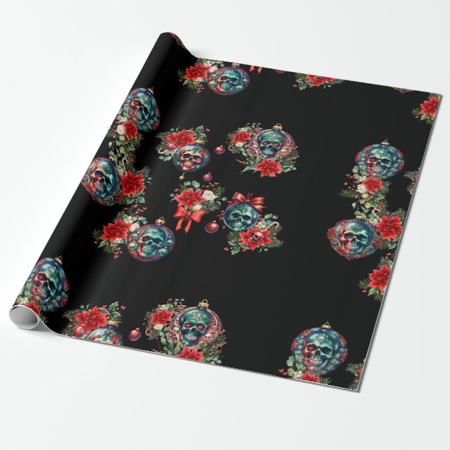Black Skull Ornament Weihnachtswrapping Paper Geschenkpapier (Ungerollt)