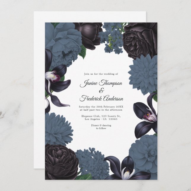 Black & Slate Photo/QR Code Floral Wedding Einladung (Vorne/Hinten)