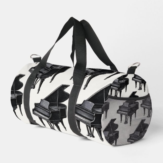 Black Sleek Piano Pattern Musiklehrer Student Duffle Bag (Rechte Ecke)