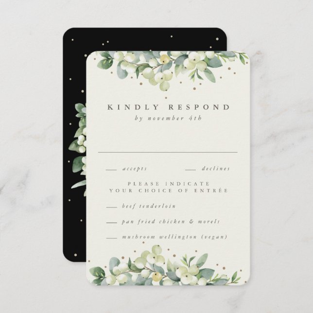 Black Snowberry+Eucalyptus Ewedding RSVP Karte (Vorne/Hinten)